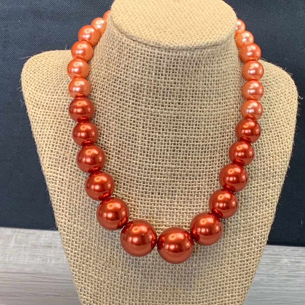 Orange Ombre Faux Pearl Chunky Necklace Peach Graduated Bead 16 Inch